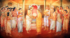 Picture in the Temple of Sacred Tooth Buddha on Sri Lanka on which it is represented: The Arahath Kema presented King Brahmadatta of Kalinga with the Sacred Tooth Relic for veneration